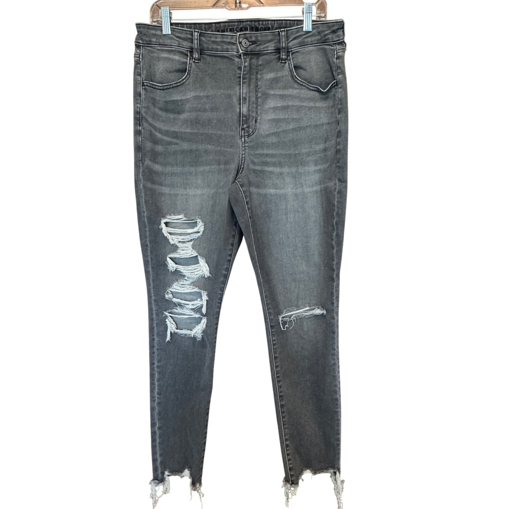 American Eagle Skinny Jeans 14 Black Distressed High Rise Frayed Jegging Punk